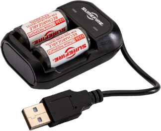 SUREFIRE TWO LFP123 LI-FE-PH RECHARGEABLE CELLS, CHARGER